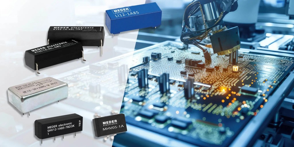 Assorted electronic relays, including Reed Relays, are displayed on the left side, with a robotic arm placing components onto a circuit board on the right side in a high-tech manufacturing environment. by Standex Detect