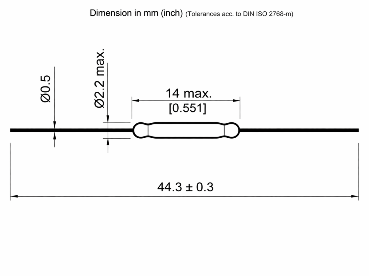 最大長44.3±0.3mm、中心径2.2mm、端部直径0.5mm、中心セグメント長14mmのORD324シリーズリードスイッチ円筒部品の技術図。. by Standex Detect