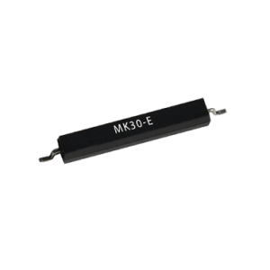 A black rectangular electronic component labeled MK30-E from the MK30 Series, featuring metallic leads on both ends, is isolated on a white background. This surface mount reed switch offers reliable performance in compact electronic designs. by Standex Detect