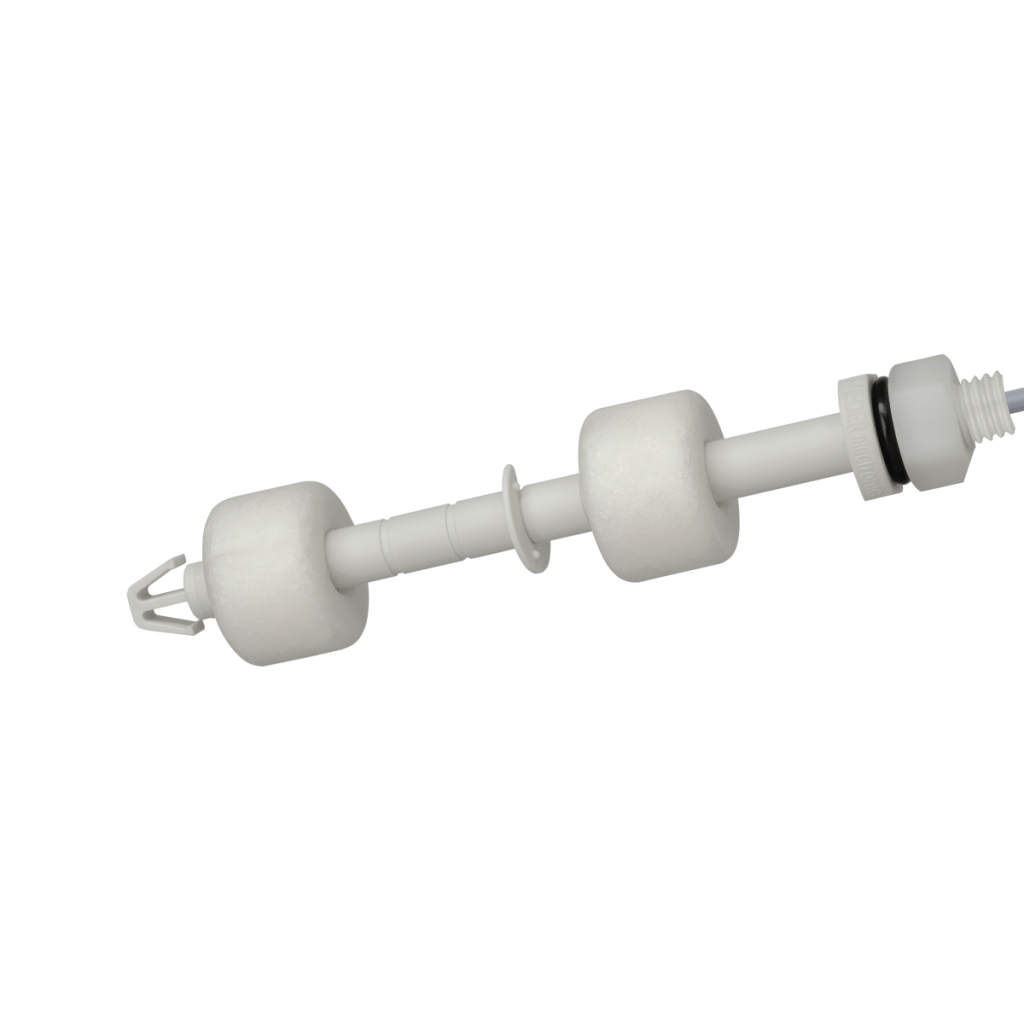 A white plastic multipoint liquid level sensor with cylindrical floats, a threaded end, and a claw-like structure on one side, set against a plain white background. by Standex Detect