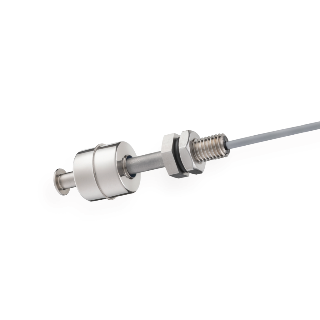 Close-up of a metallic industrial sensor, similar to Reed Liquid Level Sensors, featuring a threaded shaft, hexagonal nut, cylindrical body, and a gray cable extending from one end, isolated on a white background. by Standex Detect