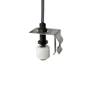 A white cylindrical Liquid Level Sensor from the FPS-B Series with a black threaded connector is mounted on a metal bracket, featuring a black wire extending from the top, designed for precise liquid level detection in HVAC/R systems. by Standex Detect