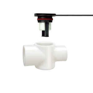 A white plastic pipe fitting with three horizontal and one vertical opening sits below an FPS-T Series Liquid Level Sensor attached to a wire, against a plain white background—ideal for precise HVAC monitoring applications. by Standex Detect
