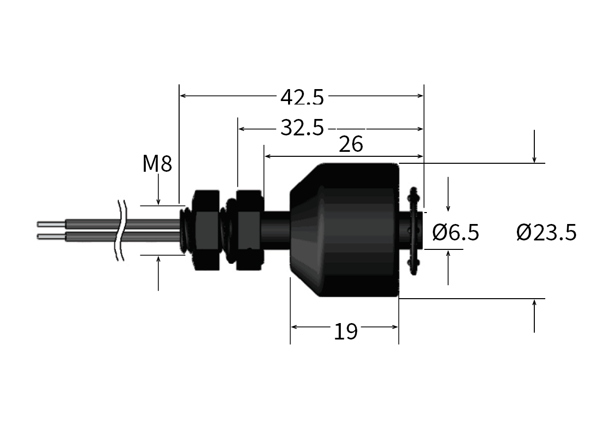 Technical drawing of an LS01 Series liquid level sensor: cylindrical sensor with labeled dimensions—length 42.5 mm, main body diameter 23.5 mm, smaller section diameter 6.5 mm, threaded M8 connector, and detailed measurements. by Standex Detect