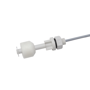 A white plastic LS02 Series liquid level sensor with a cylindrical float, hexagon nut, and attached gray wire, designed for reliable liquid level detection and control applications. by Standex Detect