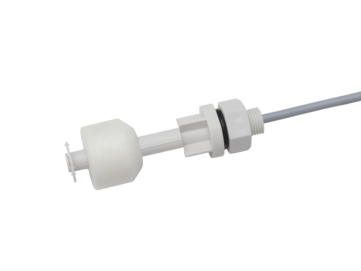 A white plastic liquid level sensor from the LS02 series features a cylindrical float, threaded mounting, and an attached gray cable, shown against a plain white background. by Standex Detect