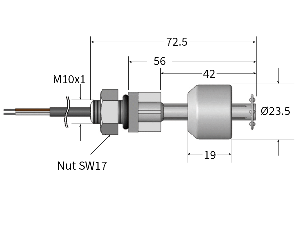 Technical drawing of an LS02 Series Liquid Level Sensor: cylindrical with labeled dimensions—total length 72.5 mm, sections of 56 mm, 42 mm, and 19 mm; diameter 23.5 mm; features M10x1 thread and SW17 nut. by Standex Detect