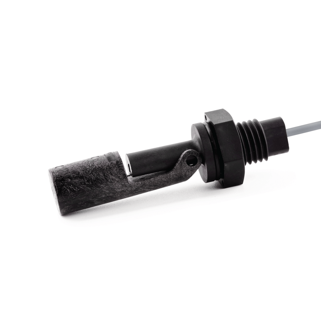 A close-up of a black plastic Side Mount Liquid Level Sensor with a cylindrical float and threaded mounting base, isolated on a white background. A cable extends from the right end for electrical connection. by Standex Detect