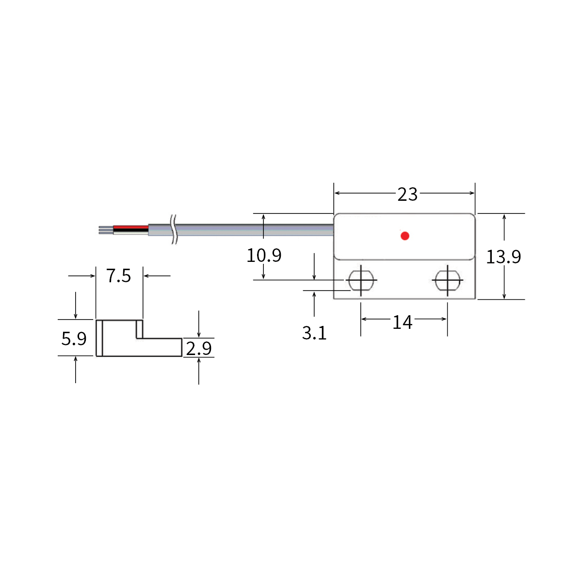 Technical drawing of the MH04 Series Micro-Power Hall Sensor: 23 mm length, 13.9 mm height, screw holes 14 mm apart, wire exit, and a side profile with 5.9 mm and 2.9 mm steps. Red dot marks sensor center. by Standex Detect