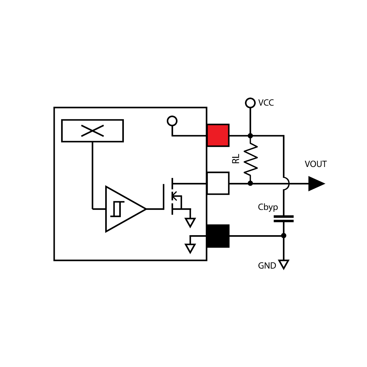 Block diagram of an optocoupler circuit with a phototransistor output, ideal for MH04 Series Hall Sensor integration. Shows connections for VCC, RL, Cbyp, VOUT, and GND, and includes LED, phototransistor, and amplifier stages. by Standex Detect
