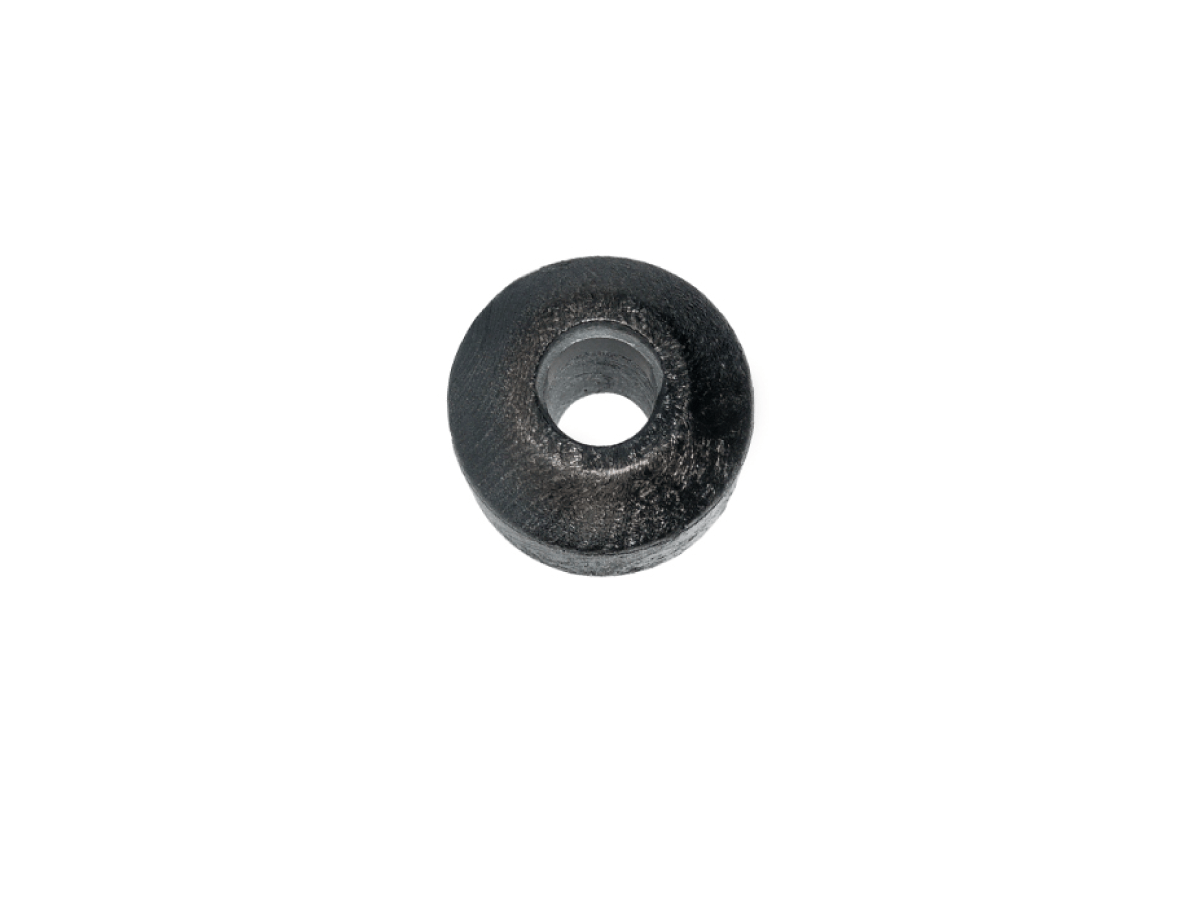 A black, circular metal washer with a hole in the center, commonly used in Magnetic Float Switch assemblies such as the MS01-PA Series, placed on a white background. by Standex Detect