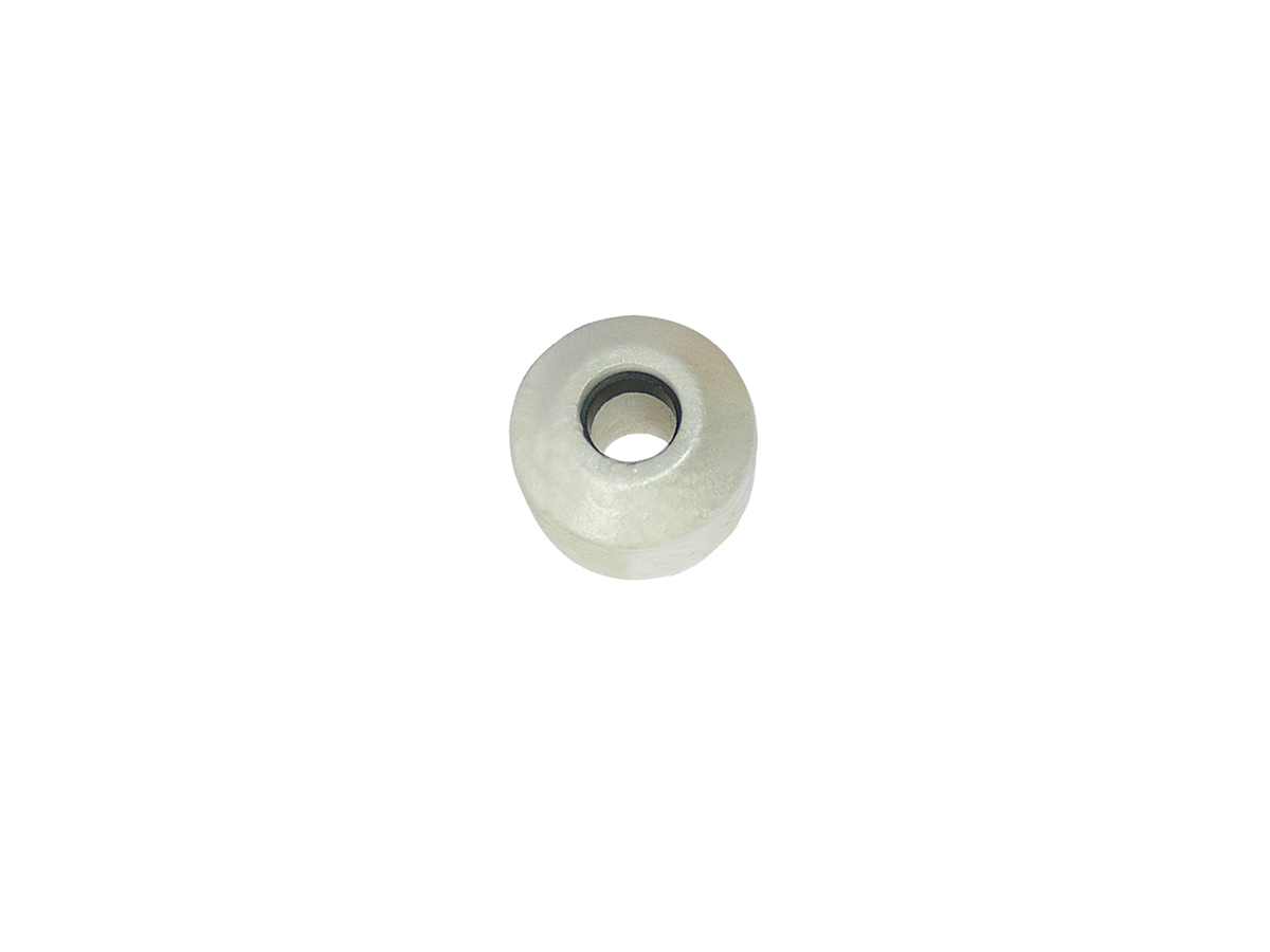A single small, round, metallic washer or spacer with a central hole, similar to a component found in the MS01-PP Series Magnetic Float Sensor, isolated on a white background. by Standex Detect