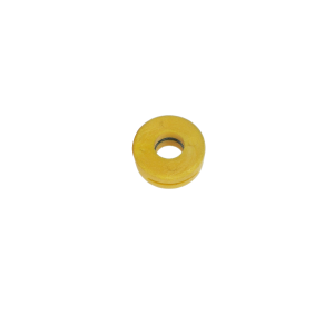 A single yellow candy shaped like a round disk with a hole in the center, resembling the design of an MS03-PP Series magnetic float, placed on a white background. by Standex Detect