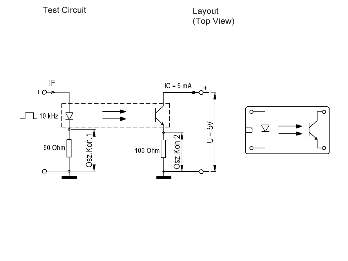 Schematic of a test circuit for 522 Series Optocouplers, showing connections, component values (resistors: 50 Ohm, 100 Ohm, 5 kOhm), LED, and layout (top view) with 5V supply and 5 mA collector current. by Standex Detect