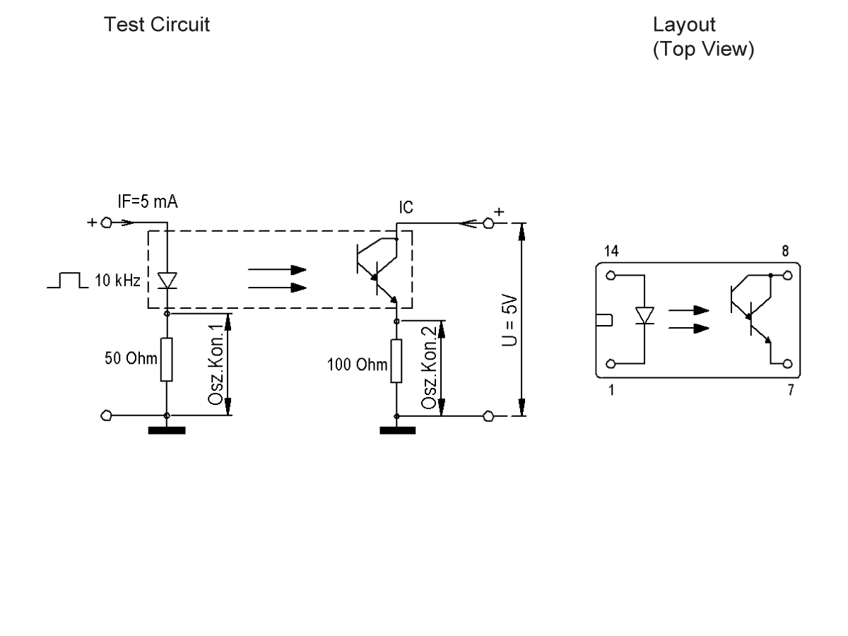 Schematic diagram of a 525 Series Optocouplers test circuit with resistor values, a 5V power source, and a top view layout showing pin numbers and internal connections of the optocoupler component. by Standex Detect