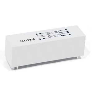 A white rectangular electronic component from the 528 Series Optocouplers, featuring circuit symbols and the code 528-00-0 on top. Four metal pins extend from the bottom for mounting on a circuit board. by Standex Detect