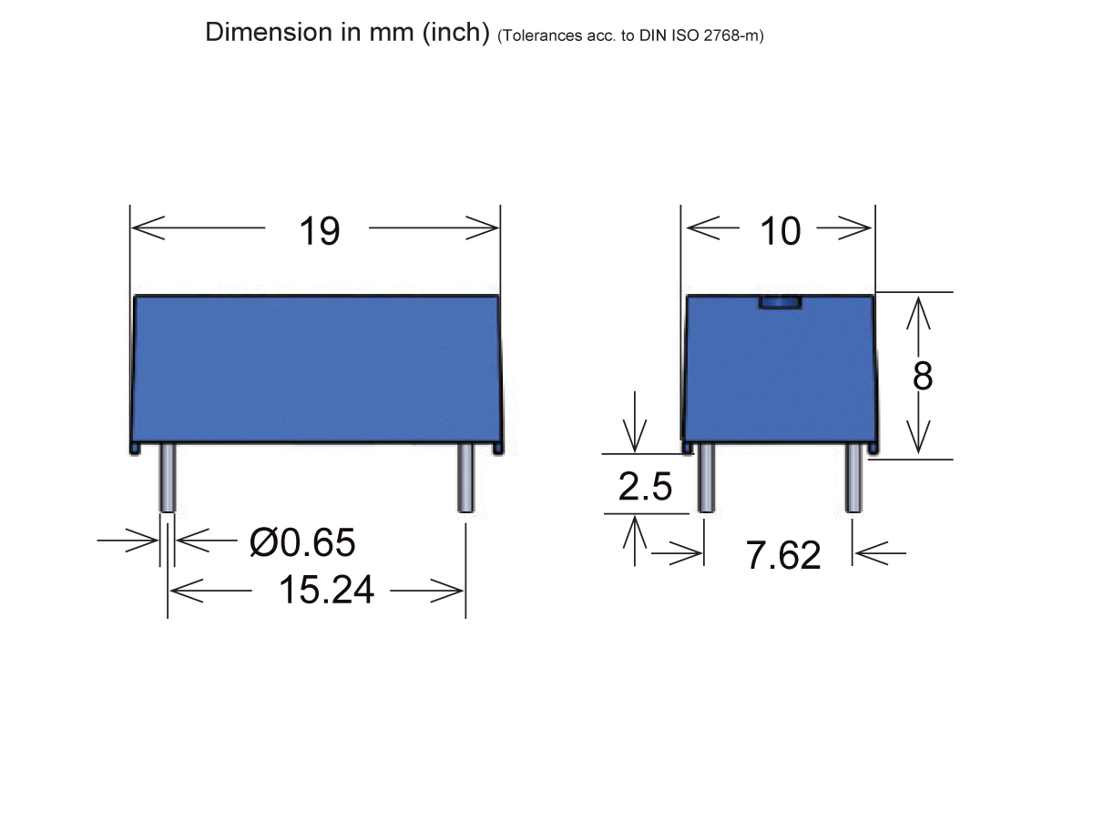 Technical diagram of a rectangular 535 Series Optocouplers electronic component with labeled dimensions: 19 mm width, 10 mm depth, 8 mm height, 15.24 mm lead spacing, 7.62 mm side spacing, plus 2.5 mm and 0.65 mm details. by Standex Detect