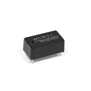 A small black 567 Series Optocouplers component with metal pins and white printed text, photographed on a plain white background. by Standex Detect