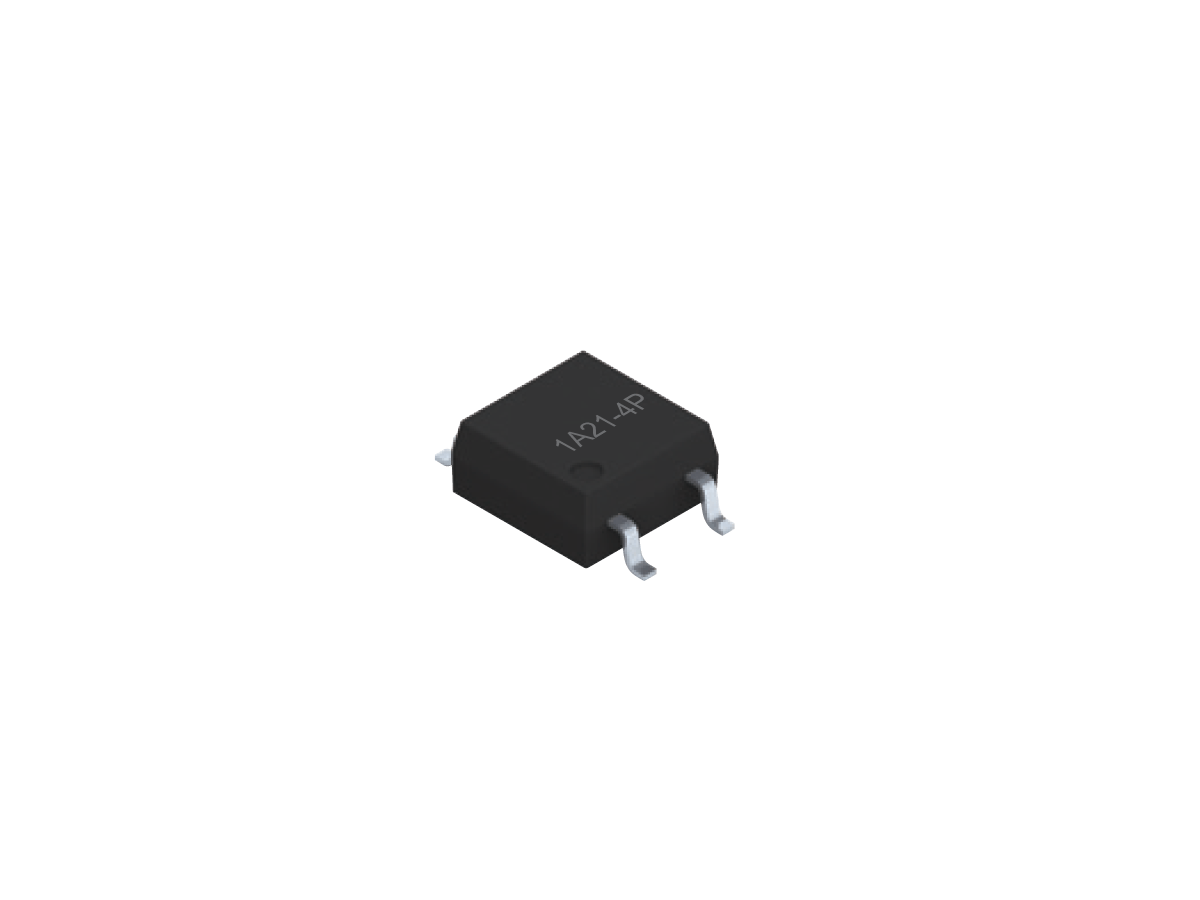 A black, rectangular electronic component resembling the SMP-21 Photo-MOSFET Relay with four metal legs (two per side) is shown on a white background. Its top surface is marked "1A214P" in light gray text. by Standex Detect