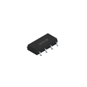 A black 8-pin integrated circuit chip with silver legs, labeled 2430-8P, is shown on a white background. The chip, possibly a SMP-30 Photo-MOSFET Relay, is positioned at an angle, displaying its pins and top surface. by Standex Detect