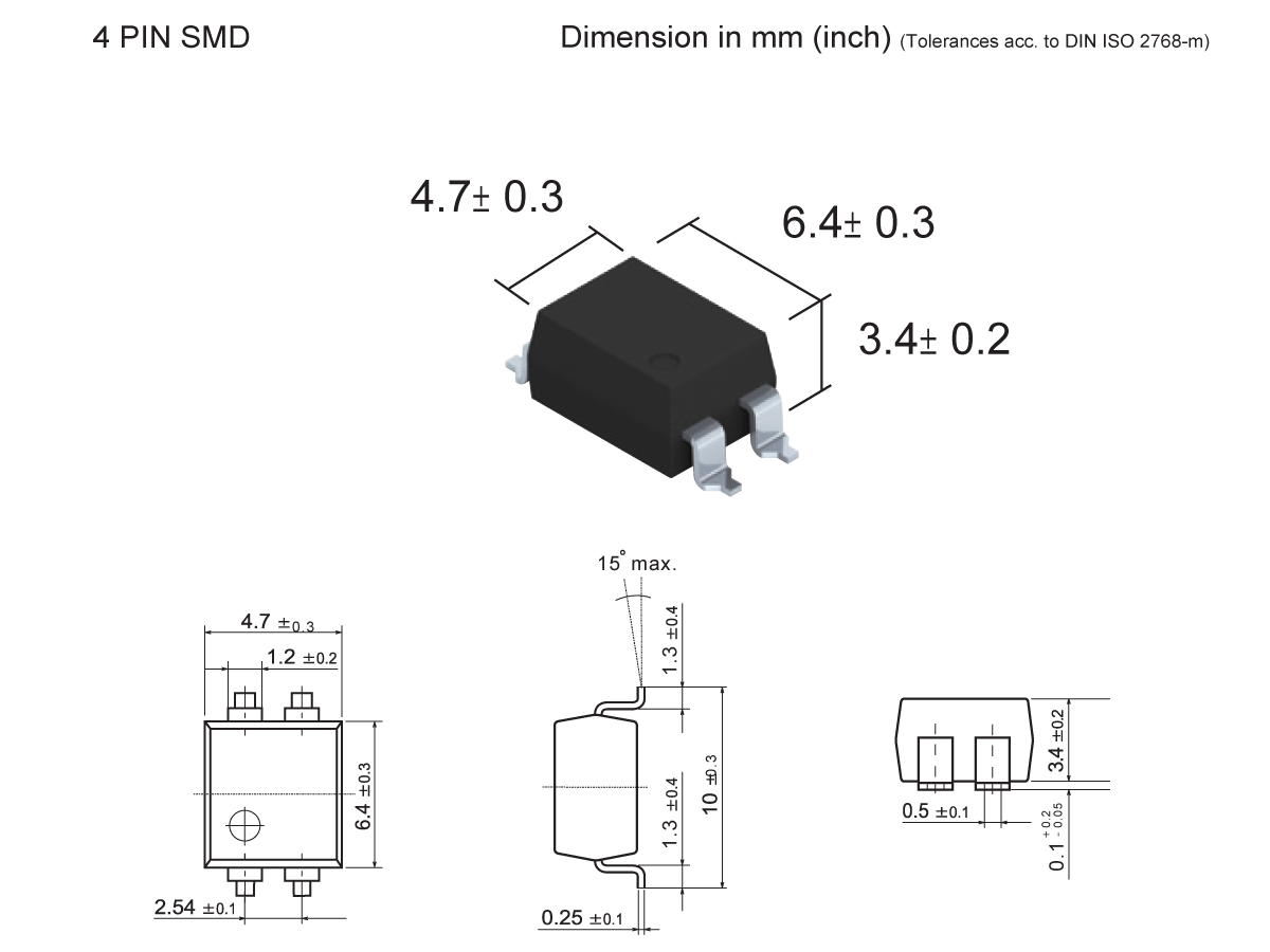 4-pin SMD electronic component, the SMP-30 Photo-MOSFET Relay, with labeled dimensions: 4.7 x 6.4 x 3.4 mm. Three technical drawings display top, side, and front views with precise measurements in millimeters. by Standex Detect