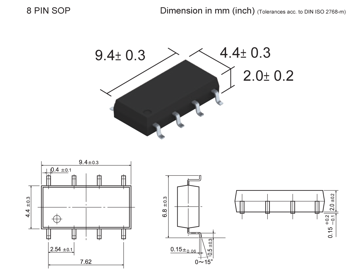 8-pin SOP MOSFET Relay chip (SMP-30) with labeled dimensions: 9.4 ± 0.3 mm length, 4.4 ± 0.3 mm width, 2.0 ± 0.2 mm height. Includes top, side, and end technical drawings with detailed measurements. by Standex Detect