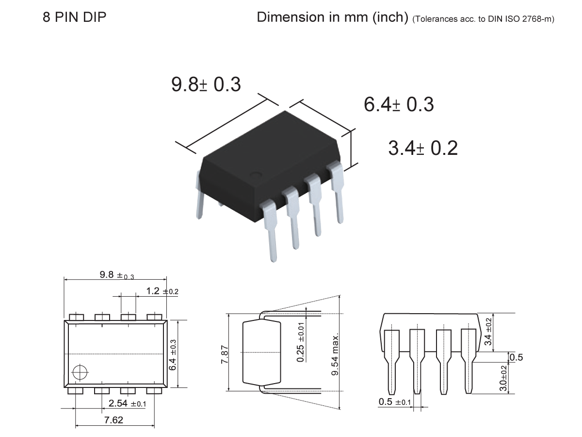 8-pin dual in-line package (DIP) electronic component, such as an SMP-31 MOSFET Relay, with labeled dimensions in millimeters; includes 3D view and three technical drawings showing top, side, and front views with measurements and tolerances. by Standex Detect
