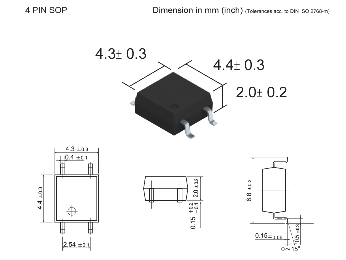 4-pin SOP integrated circuit package for SMP-38 Photo-MOSFET Relay, with isometric and three orthogonal views, showing labeled dimensions: 4.3×4.4 mm body, 2.0 mm height, and pin spacing per DIN ISO 2768-m standards. by Standex Detect