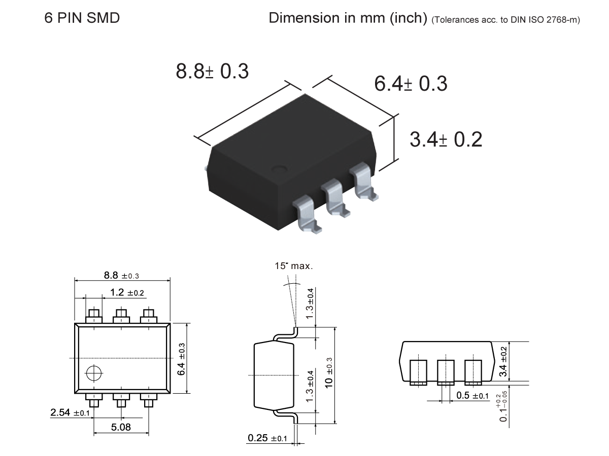6-pin SMD MOSFET Relay component with isometric view and technical drawings showing dimensions in millimeters; labeled width 8.8 mm, length 6.4 mm, height 3.4 mm, and pin spacing details, suitable for SMP-42 package applications. by Standex Detect