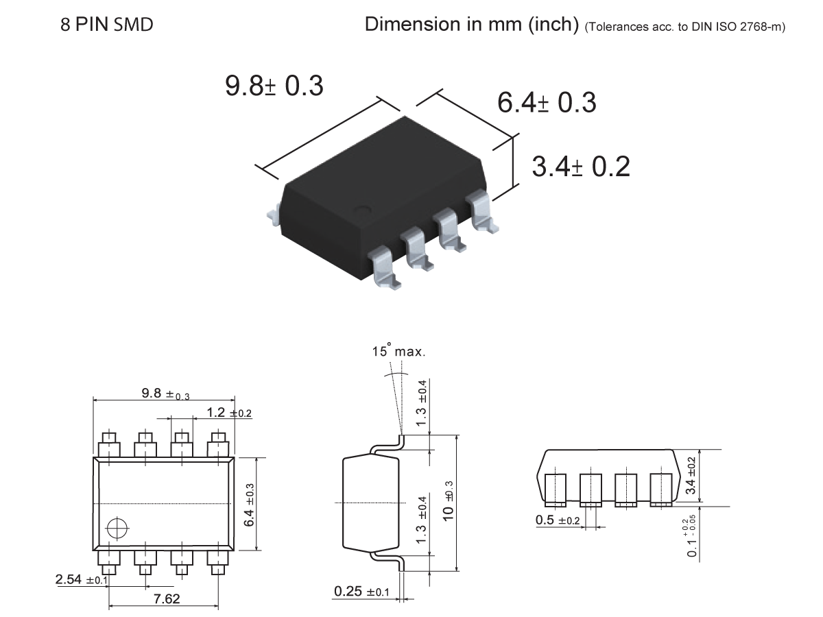 Technical drawing and 3D view of an 8-pin SMD Photo-MOSFET Relay (SMP-45) with detailed dimensions in millimeters, displaying top, side, and front views with clearly labeled measurements. by Standex Detect