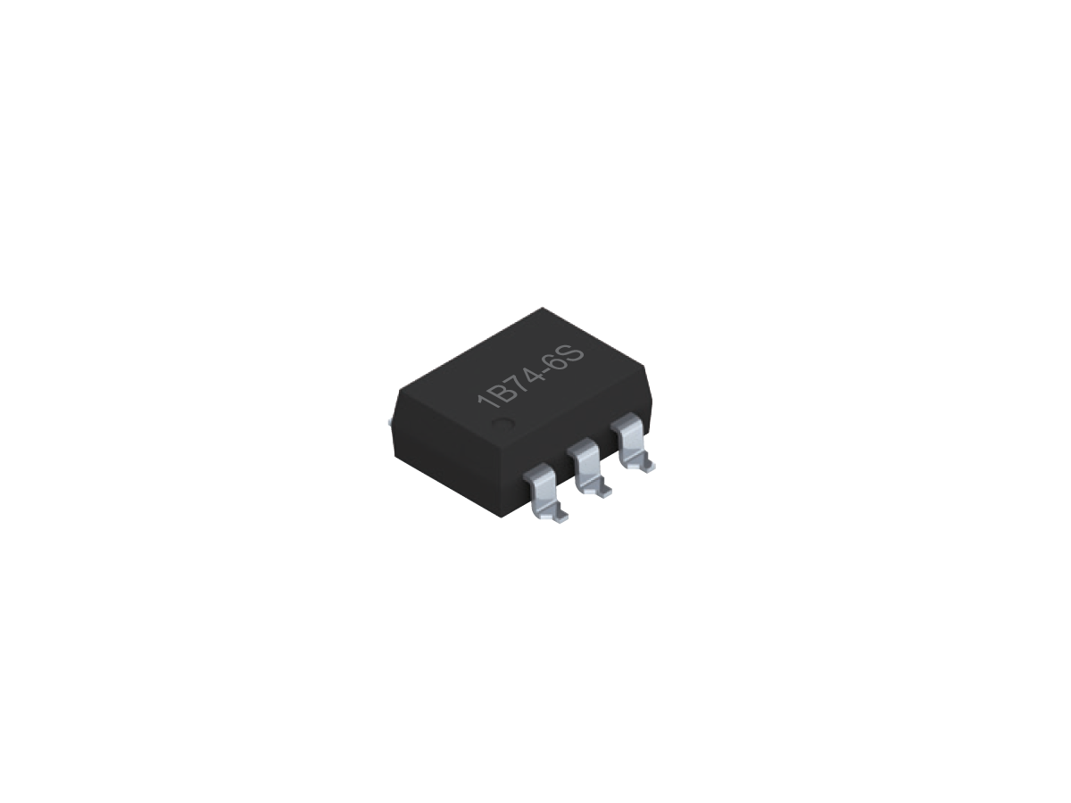 A small black 4-pin SMP-74 integrated circuit chip labeled 1B746-S, likely a Photo-MOSFET Relay, is shown with metallic connectors, set against a plain white background. by Standex Detect