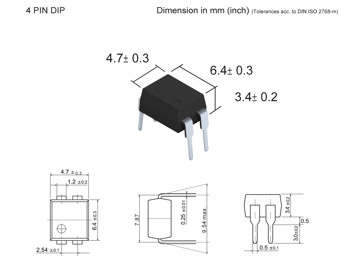 Technical diagram of a 4-pin DIP Photo-MOSFET Relay (SMP-74), featuring a 3D view and three technical drawings with labeled dimensions (in mm): 4.7, 6.4, and 3.4, including tolerance values. by Standex Detect