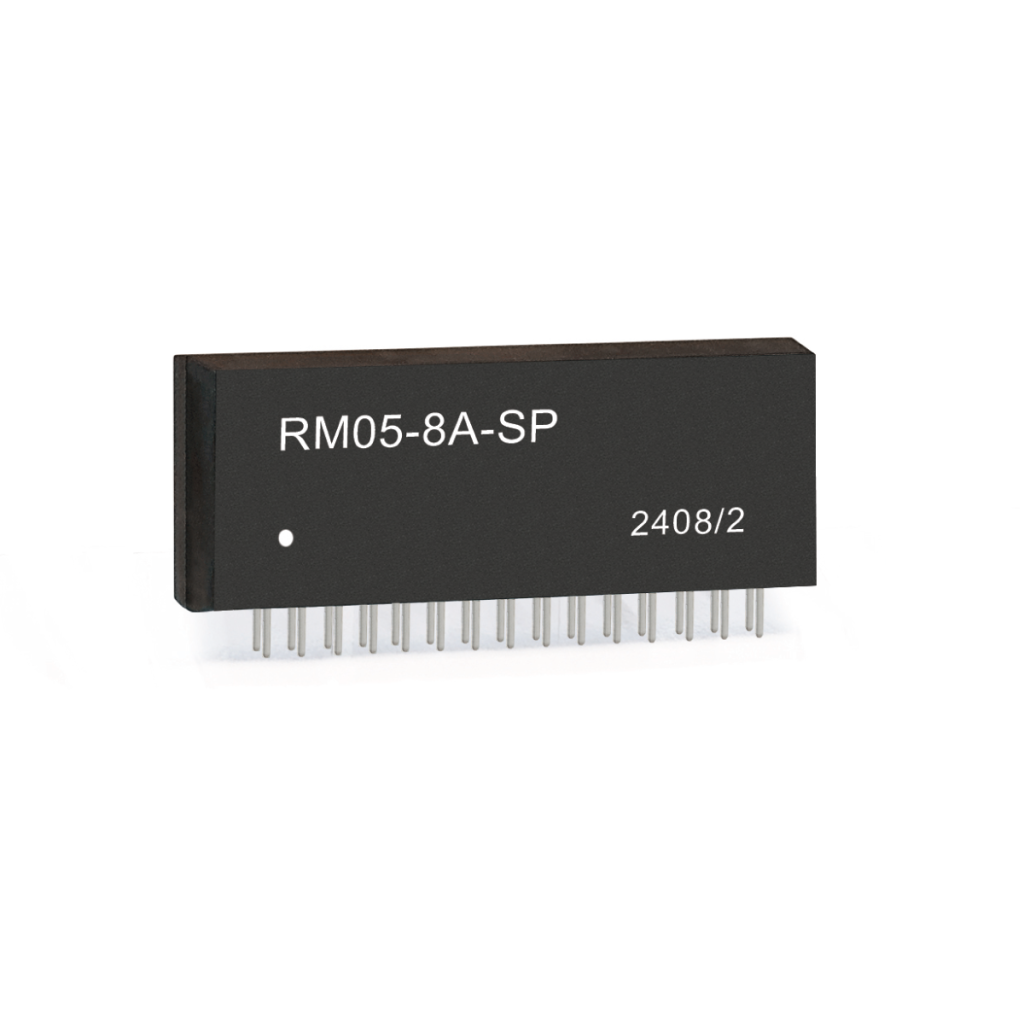 A black rectangular electronic chip, likely a Reed Relay, labeled RM05-8A-SP and 2408/2, features multiple metal pins protruding from the bottom side for circuit board insertion. by Standex Detect