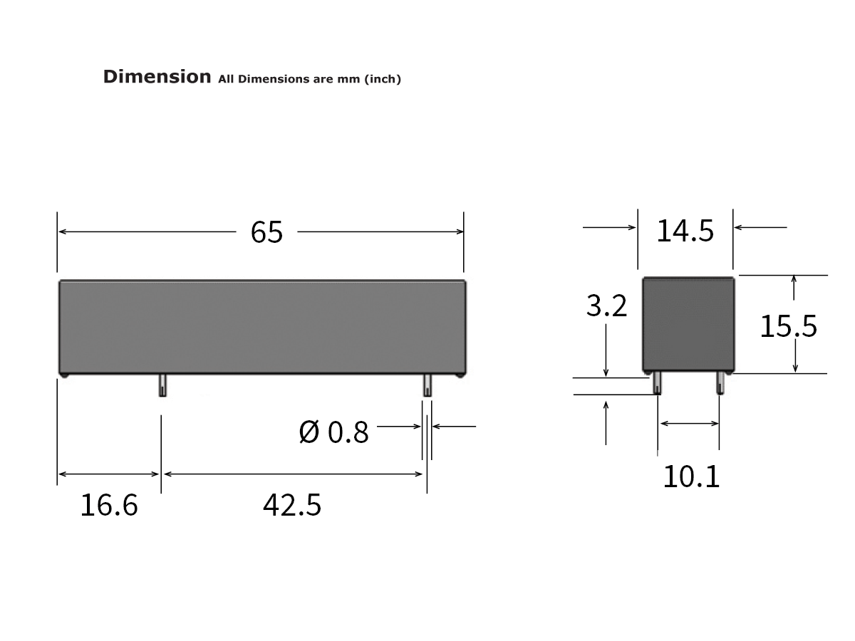 Technical drawing of a rectangular HE Series Reed Relay electronic component with dimensions labeled in millimeters: 65 x 15.5 x 14.5 mm, pin diameter 0.8 mm, and various other measurements detailed. by Standex Detect