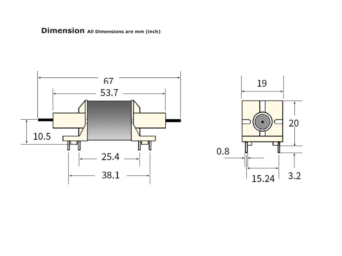 Technical drawing of an electronic component, such as an HF Relay, showing front and side views with labeled dimensions in millimeters: width (53.7 mm), height (20 mm), depth (19 mm), and detailed pin spacing. by Standex Detect