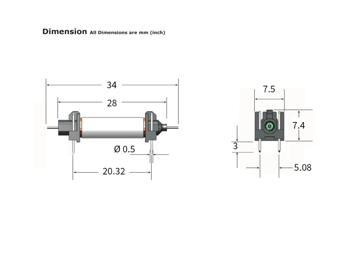 Technical drawing of a cylindrical component with end mounts, such as a HI Series Reed Relay, showing front and side views. Key dimensions are labeled in millimeters and inches, including lengths, diameters, and distances between features. by Standex Detect