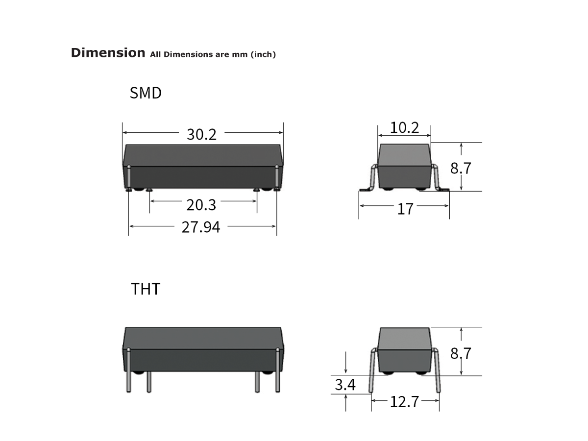 Technical drawing with dimensions for KT Series Reed Relay: SMD (30.2 x 10.2 x 8.7 mm, pin distances labeled) and THT (30.2 x 12.7 x 8.7 mm, 3.4 mm base clearance). All dimensions in mm. by Standex Detect