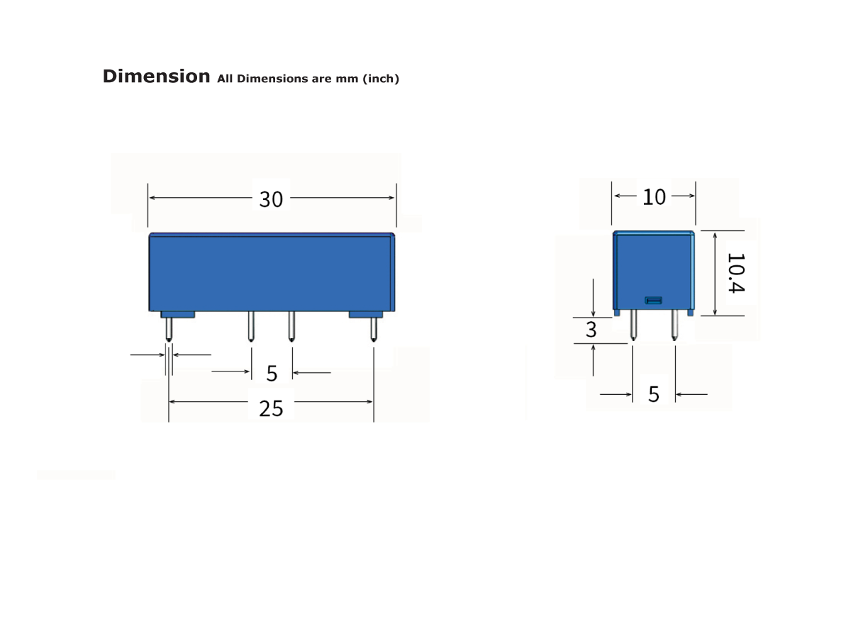 Diagram of a rectangular electronic component from the LI Series Reed Relay with labeled dimensions: 30 mm wide, 10 mm deep, 10.4 mm tall. Pin spacing is 5 mm, bottom clearance 3 mm, and overall base length 25 mm—all in millimeters. by Standex Detect