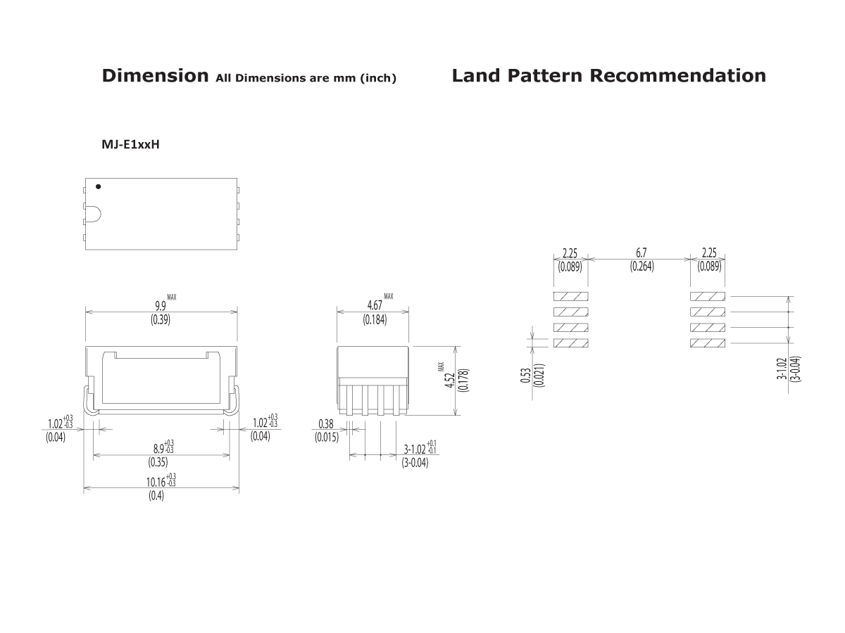Technical drawing showing dimensions and land pattern recommendation for an MJ-E1xxH Reed Relay from the M Series, with detailed measurements in millimeters and inches for height, width, and pin layout. by Standex Detect