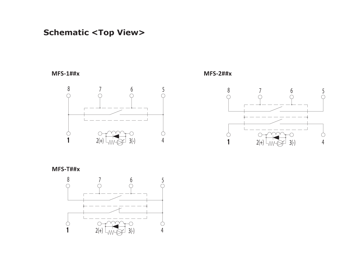 Schematic top view of three MFS Series relay configurations labeled MFS-1##x, MFS-2##x, and MFS-T##x, each showing 8 numbered terminals and internal switch connections, illustrating typical Reed Relay layouts. by Standex Detect