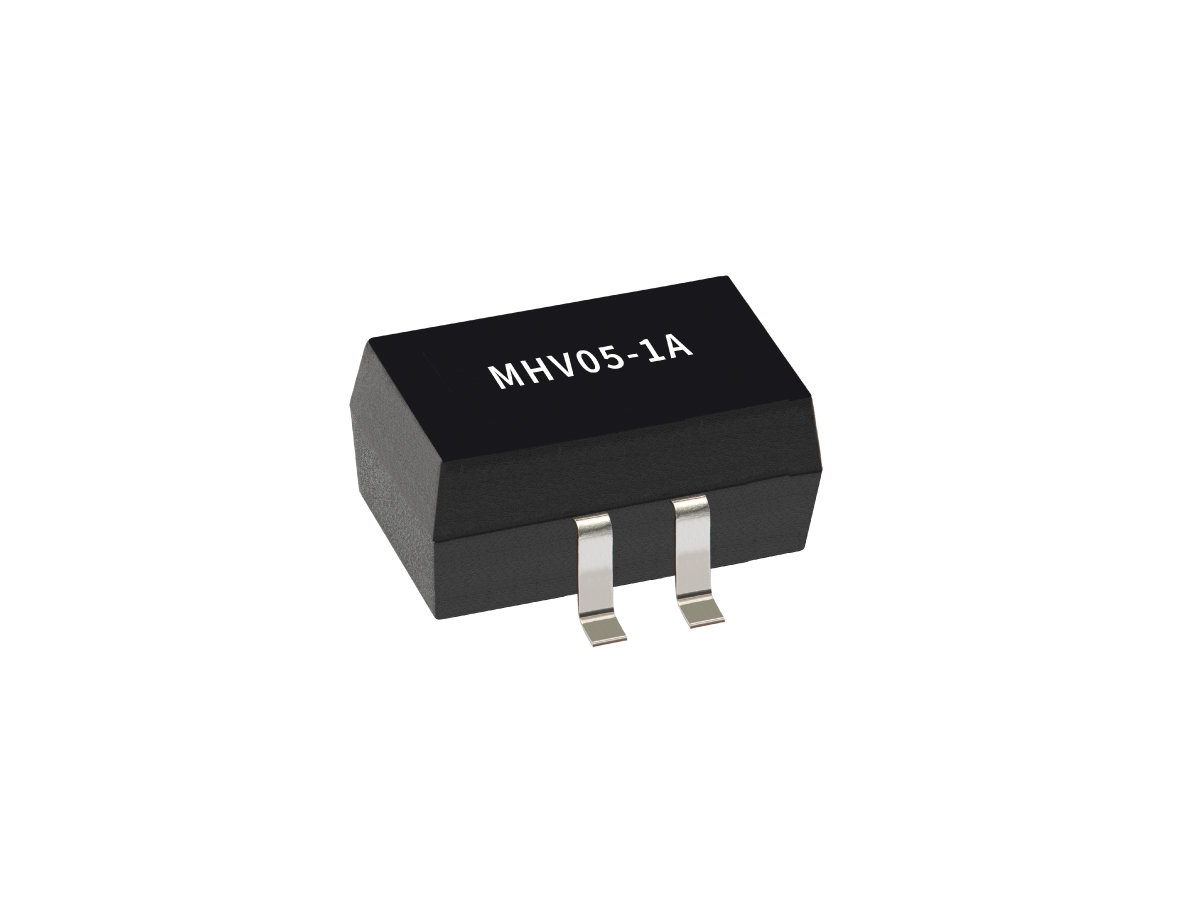 A small black electronic component from the MHV Series, this Reed Relay features three silver pins and is labeled MHV05-1A on its top surface, shown against a white background. by Standex Detect