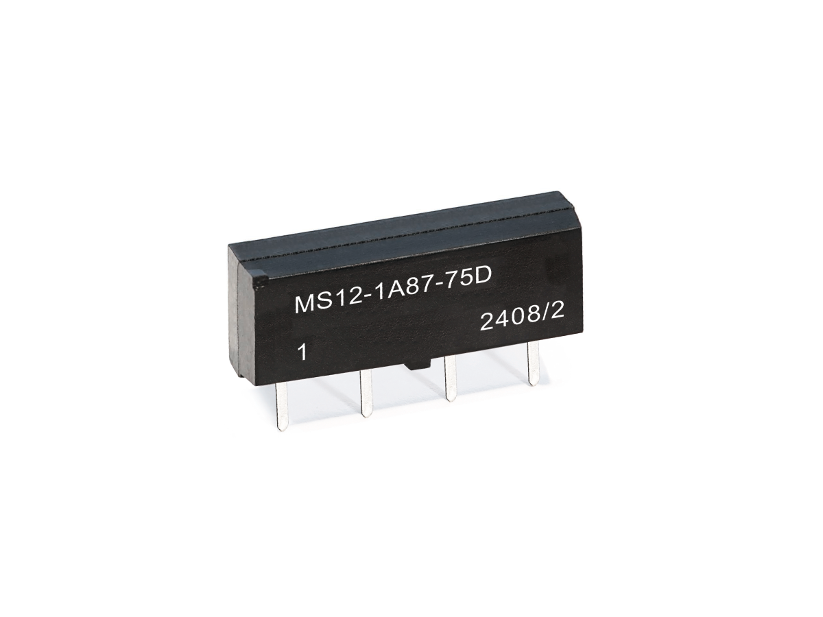 A black rectangular electronic component from the MS Series, this Reed Relay features four metal pins and white printed text reading MS12-1A87-75D 1 2408/2. The component is photographed against a white background. by Standex Detect