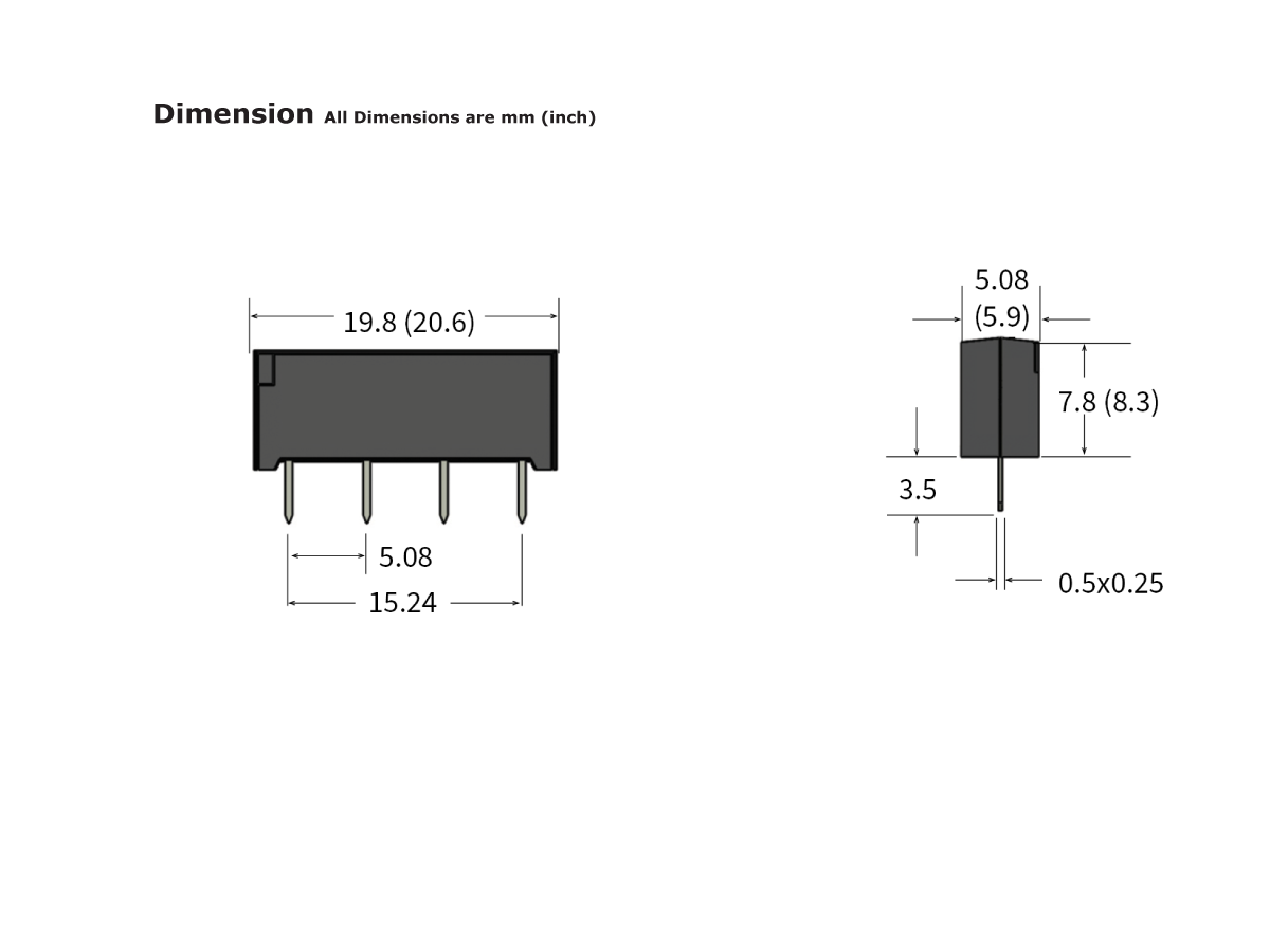 Technical drawing of an MS Series Reed Relay electronic component with six pins, showing front and side views. Dimensions are labeled in millimeters (with inches in parentheses), highlighting lengths, widths, and pin spacing. by Standex Detect