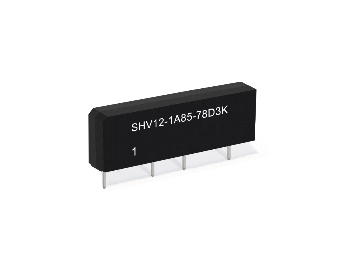 A black rectangular electronic component from the SHV Series, this Reed Relay features four metal pins and white text SHV12-1A85-78D3K with the number 1 on its surface, isolated on a white background. by Standex Detect