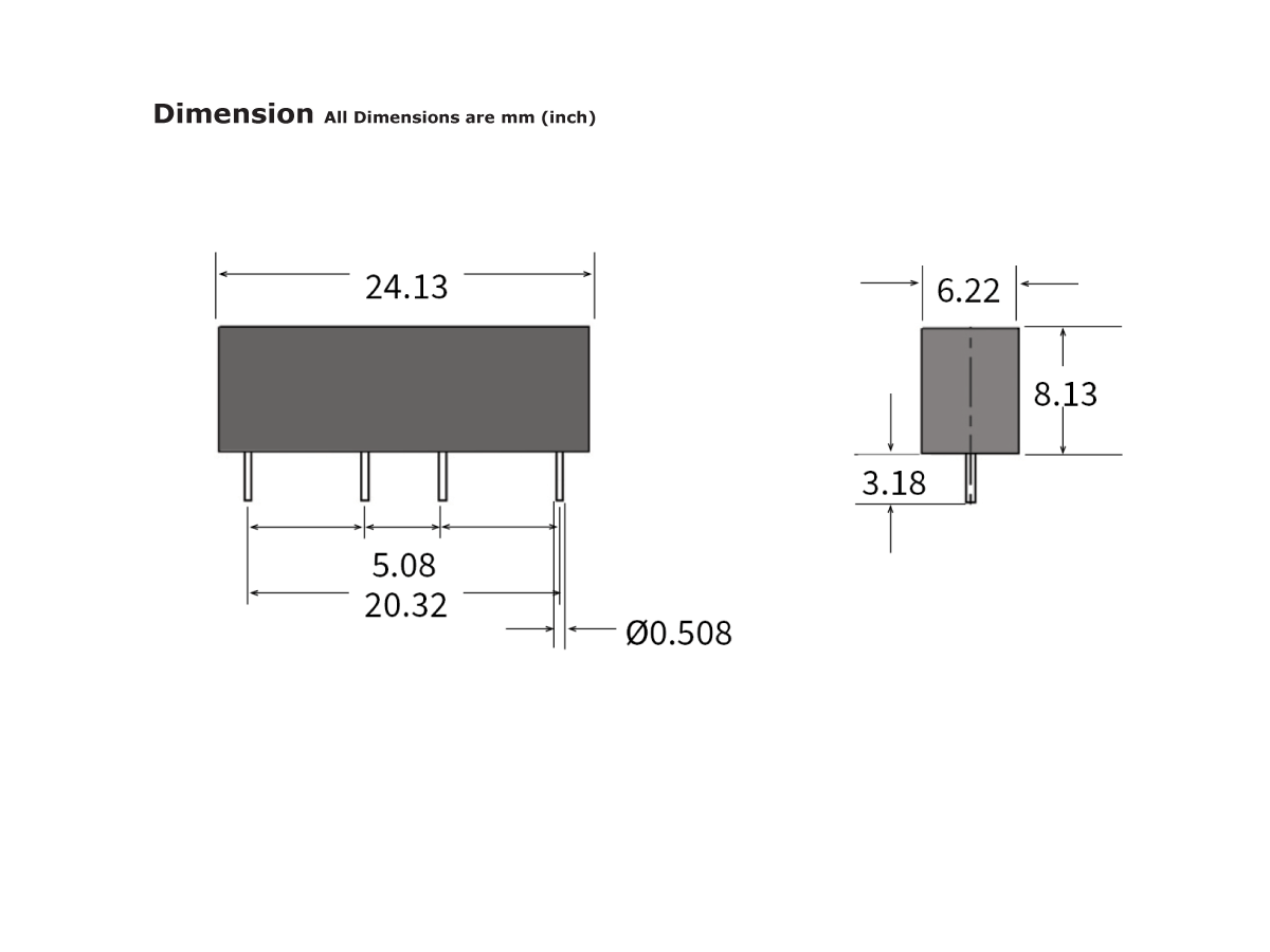 Technical drawing of a rectangular SHV Series Reed Relay with four pins, showing front and side views. Dimensions are labeled in millimeters and inches, including length 24.13 mm, height 8.13 mm, and pin spacing. by Standex Detect