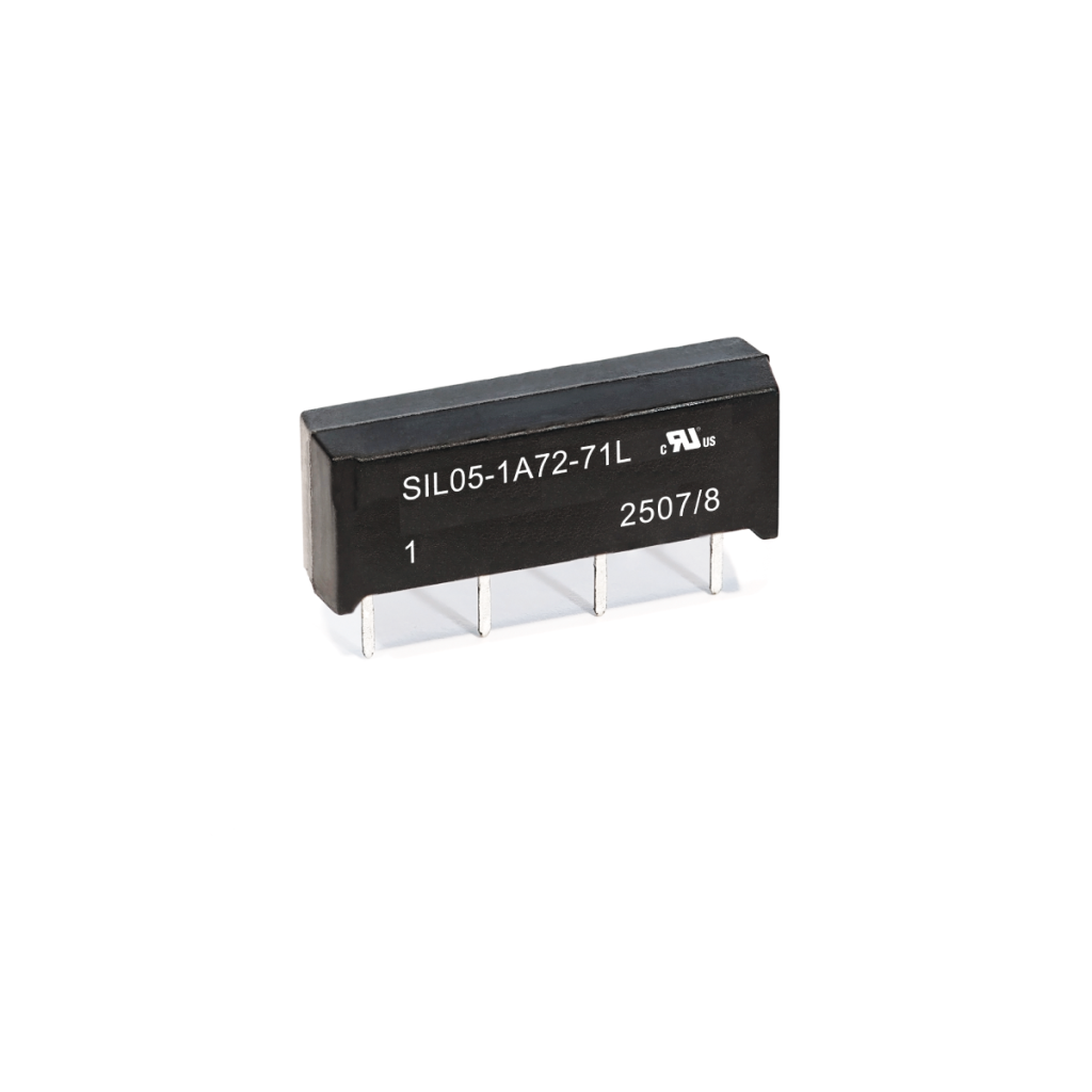 A black SIL Series Reed Relay electronic component with four metal pins, labeled SIL05-1A72-71L and other technical markings, is shown on a white background. by Standex Detect