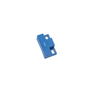 A small blue plastic rectangular object from the M02 Series Magnet line with two holes and the label W-02 printed on its surface, placed against a plain white background. by Standex Detect