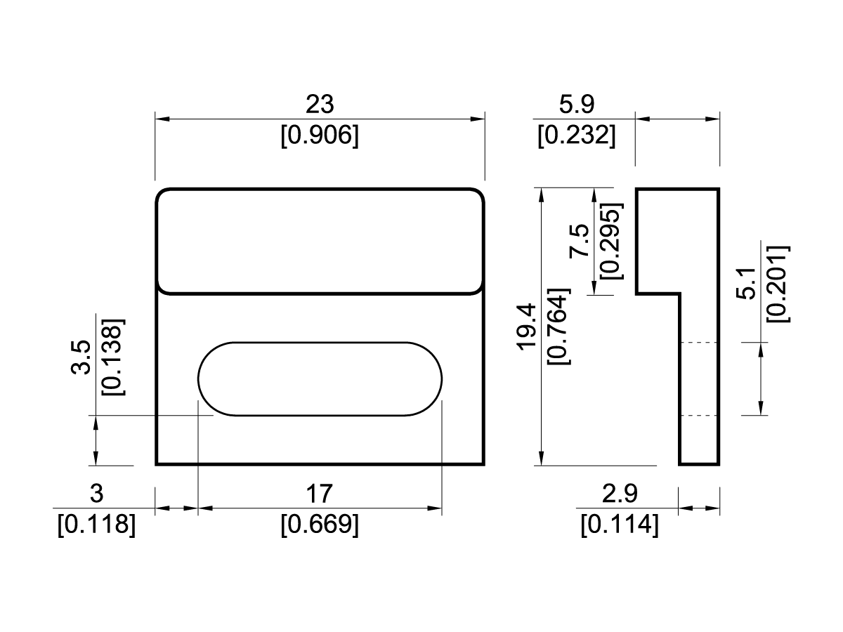 Technical drawing of a rectangular M05 Series Magnet mechanical part with detailed dimensions in millimeters and inches, showing front and side views, rounded edges, and a large oval-shaped cutout in the center. by Standex Detect
