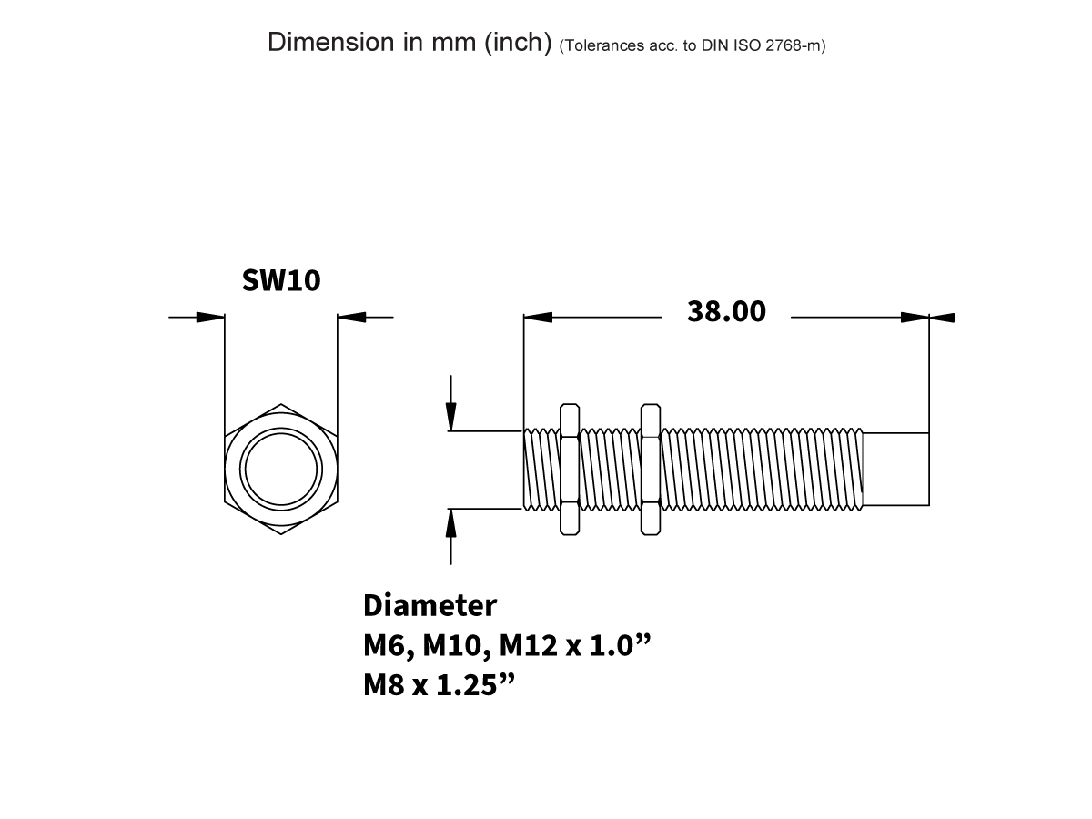 Technical drawing of a threaded bolt with a hexagonal head, labeled SW10, 38.00 mm length, showing metric/imperial diameters: M6, M10, M12 x 1.0”; M8 x 1.25”. Compatible with M11B Series Magnet. Dimensioning is in mm (inch). by Standex Detect