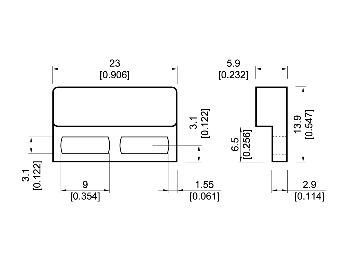Technical drawing of a rectangular M13 Series Magnet component with detailed measurements in millimeters and inches, showing front and side views with labeled lengths, heights, and widths. by Standex Detect